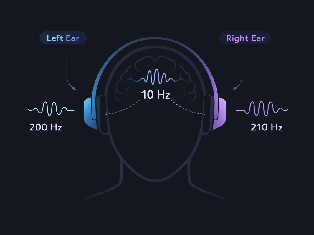 Diagram showing how binaural beats are created using two different frequencies in each ear